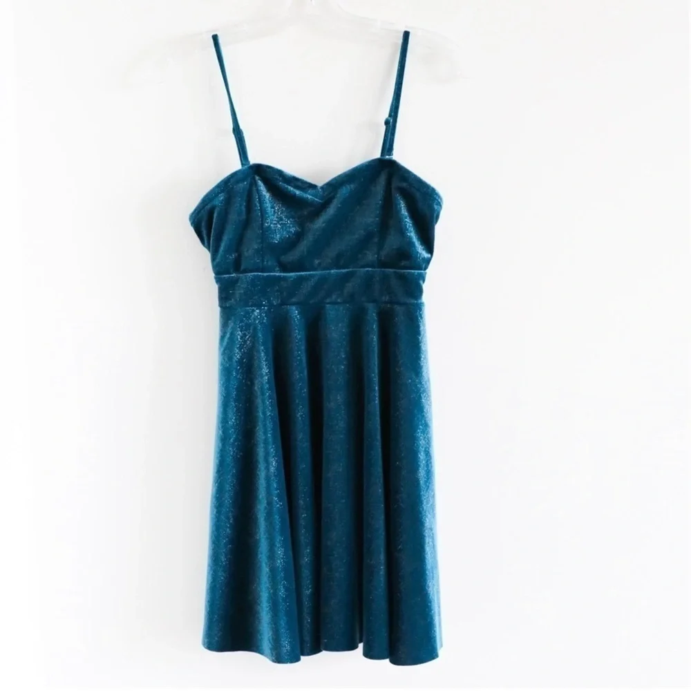 Free People velvet sparkly mini dress boho spaghetti strap S small party blue - Picture 2 of 7